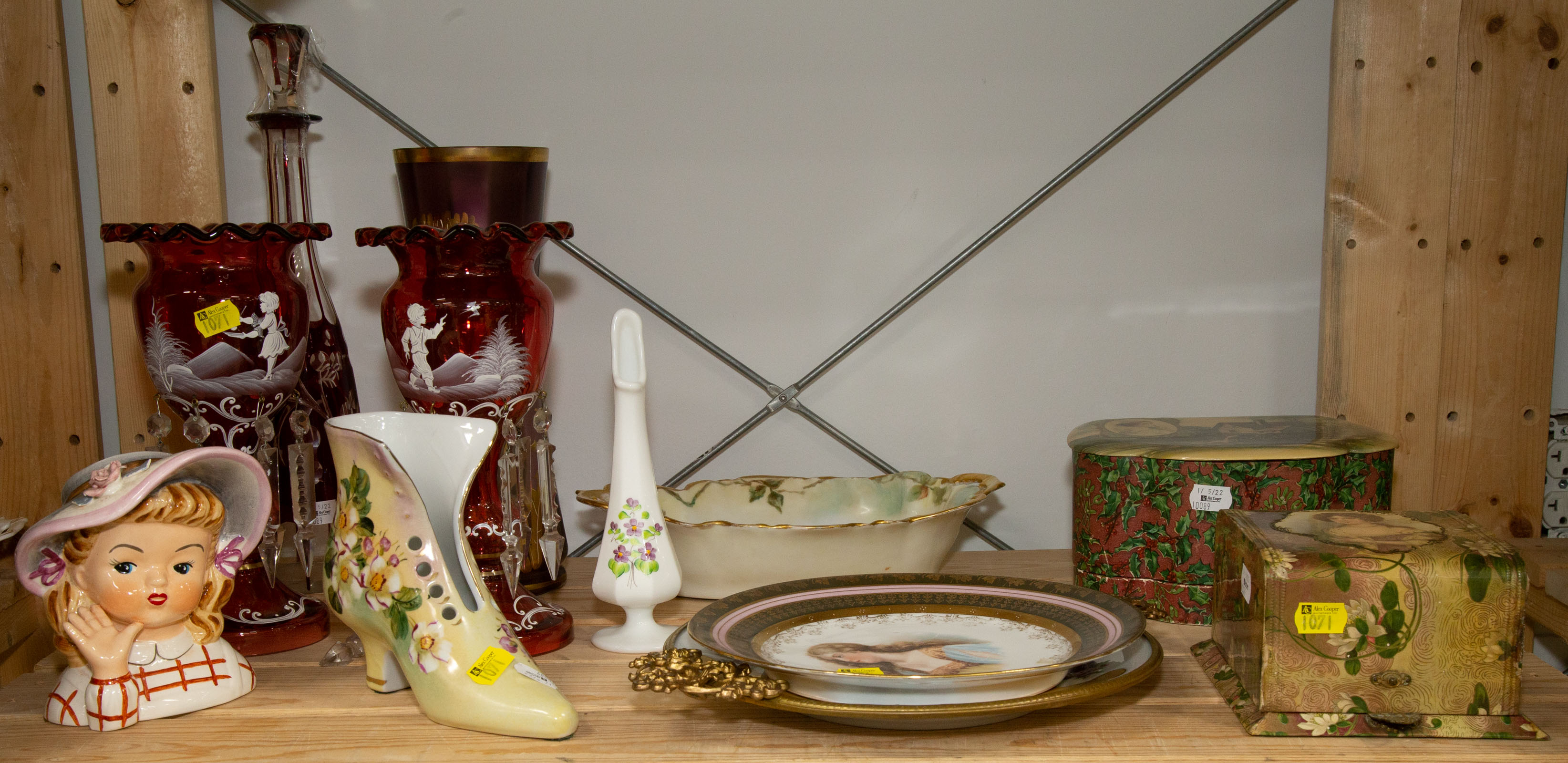 Appraisal: ASSORTED DECORATIONS COLLECTIBLES Including Mary Gregory style lusters ruby cut