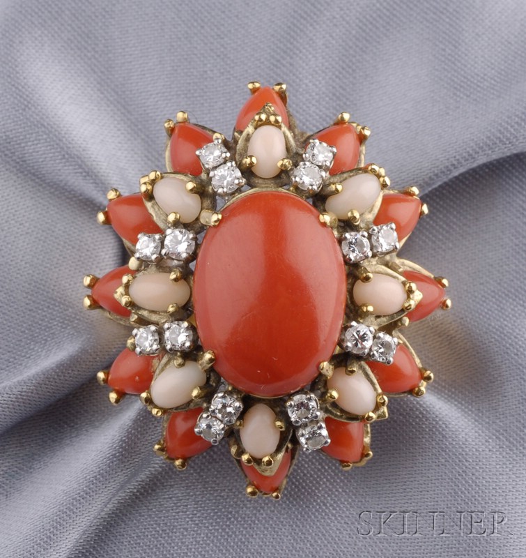 Appraisal: kt Gold Coral and Diamond Ring the large dome ring