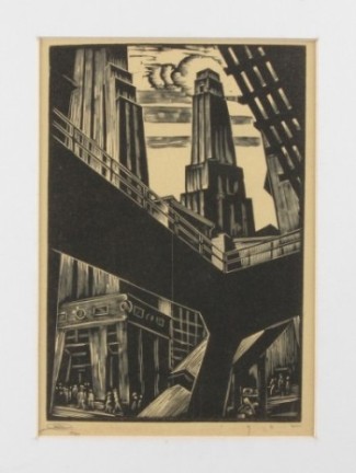 Appraisal: Woodblock print of urban cityscape dated sheet size w x