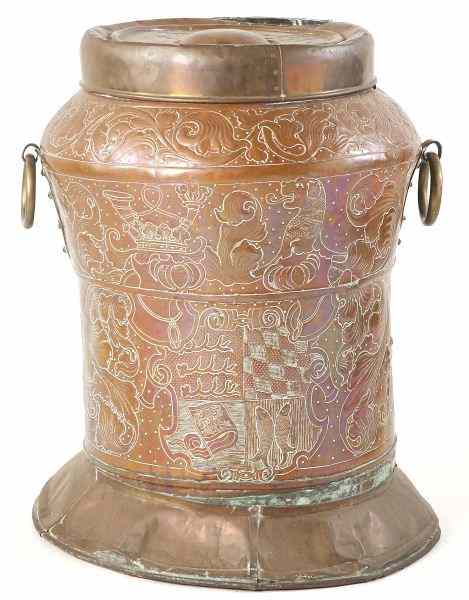 Appraisal: Copper Spanish Storage Vessel th century urn-shaped with crest leaf