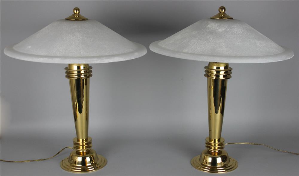 Appraisal: PAIR OF CONTEMPORARY BRASS LAMPS WITH FROSTED GLASS SHADES ESTATE