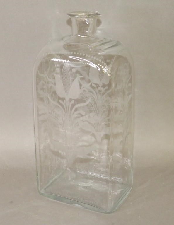 Appraisal: ENGRAVED TULIP'S BLOWN GLASS CASE BOTTLEca early th century copper