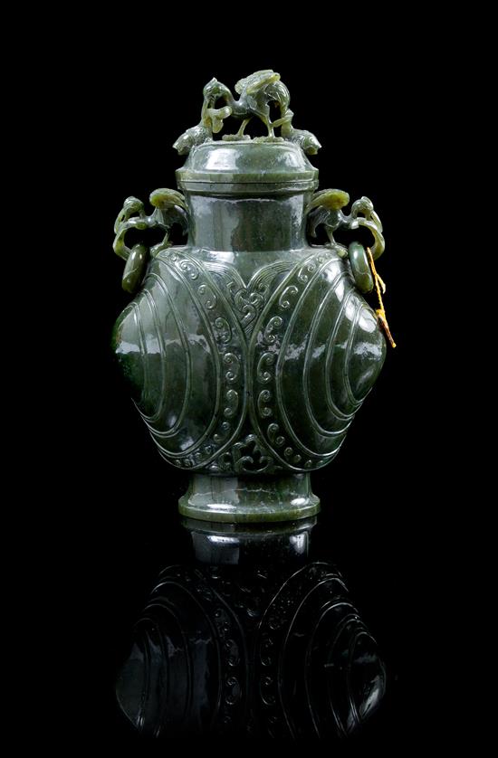 Appraisal: Sale Lot A Carved Spinach Jade Vase the flattened vase