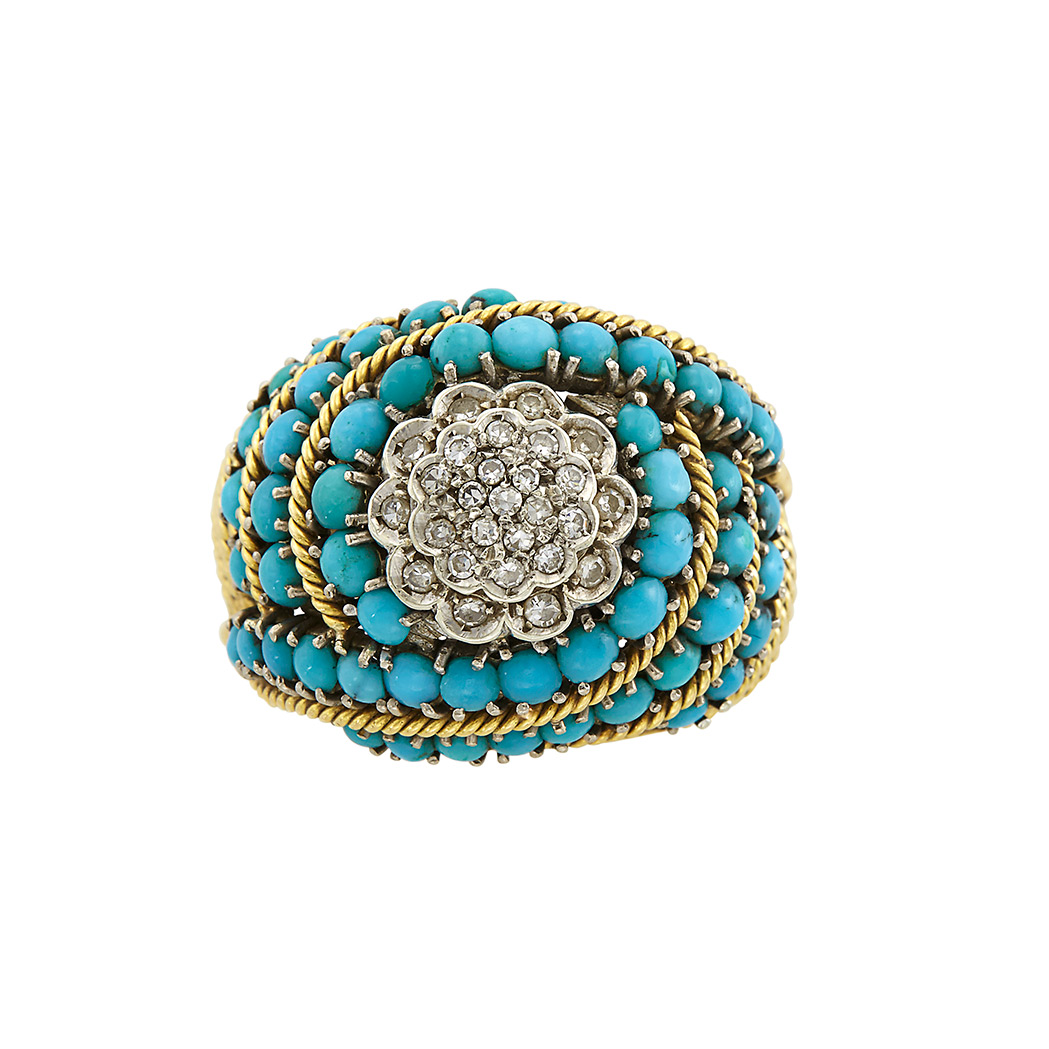 Appraisal: Two-Color Gold Diamond and Turquoise Dome Ring kt single-cut diamonds