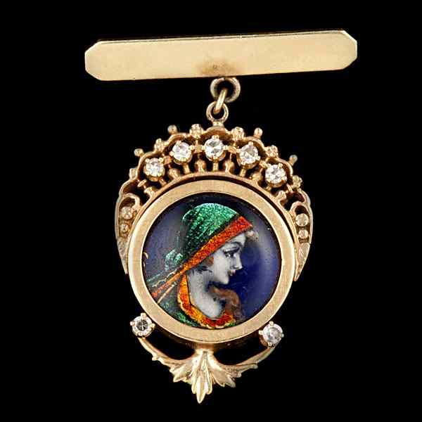 Appraisal: French Enamel Brooch with Diamonds A K yellow gold French