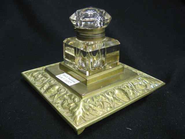 Appraisal: Victorian Crystal Brass Inkwell rococo design '' square base loss