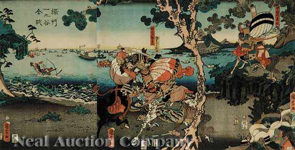 Appraisal: Kunisada Japanese - a woodblock triptych depicting samurai on horseback