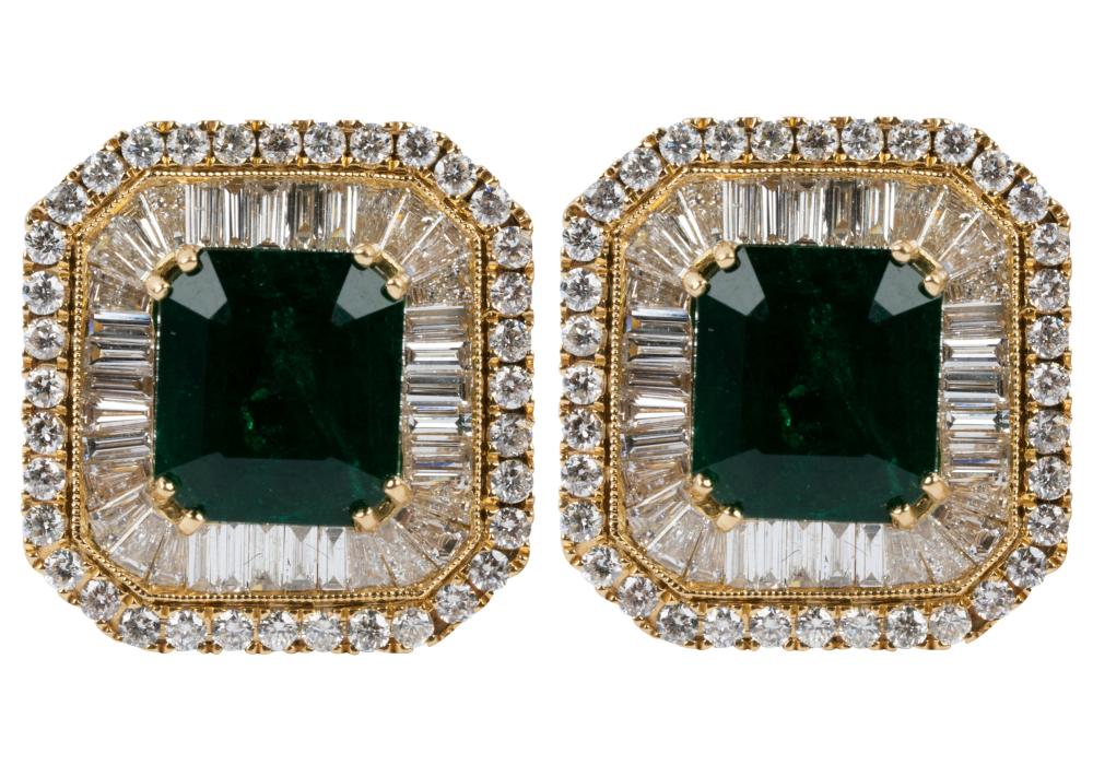 Appraisal: PAIR OF KARAT YELLOW GOLD DIAMOND SYNTHETIC EMERALD EARRINGScontaining two