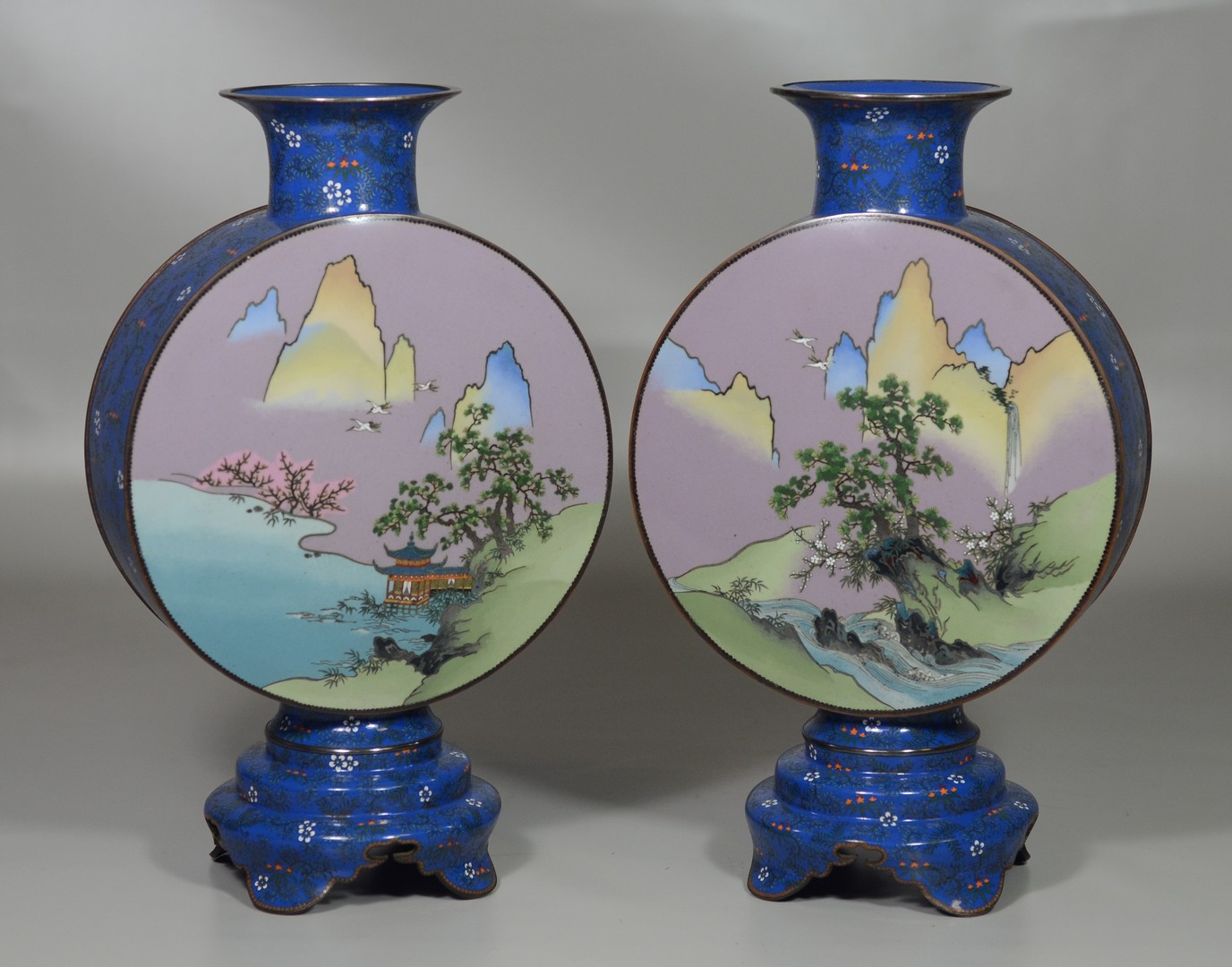 Appraisal: Pair of Japanese Cloisonn Moon Vases scenic decoration to front