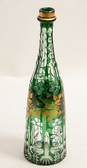 Appraisal: BOHEMIAN GREEN FLASHED CUT GLASS BOTTLELate th Century Cut with