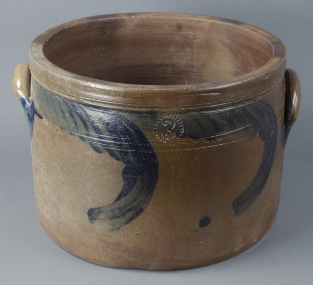 Appraisal: Three-Gallon Stoneware Crock with HandlesLow cylindrical form Stamped encircled by