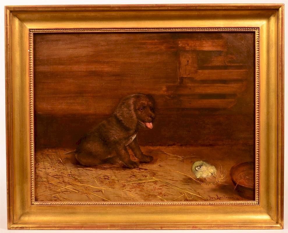 Appraisal: Ben Austrian Oil on Canvas of Puppy and Peep Ben