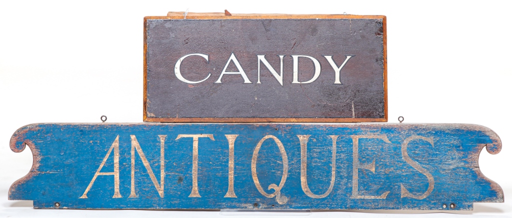 Appraisal: TWO AMERICAN ADVERTISING SIGNS Early th century Candy sign Double