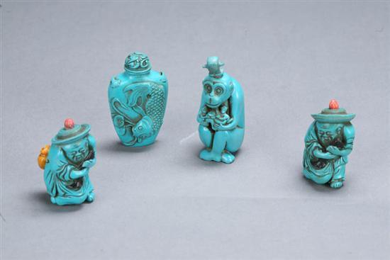 Appraisal: FOUR SNUFF BOTTLES China th century colored stone Figural snuffs