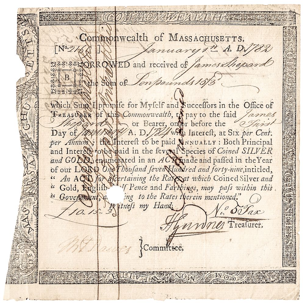 Appraisal: Revolutionary War Mass Percent Interest Bearing Bond Certificate Rarity- American