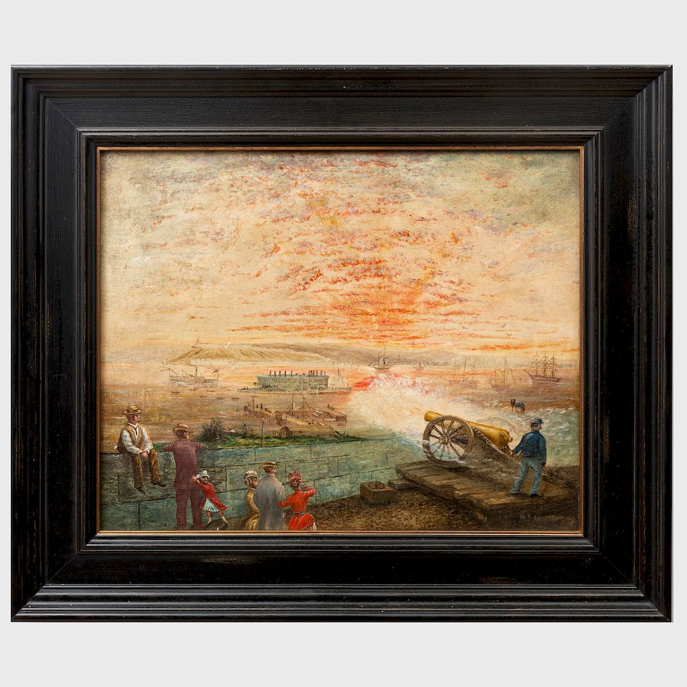 Appraisal: American School River Spectacle Oil on canvas indistinctly signed lower