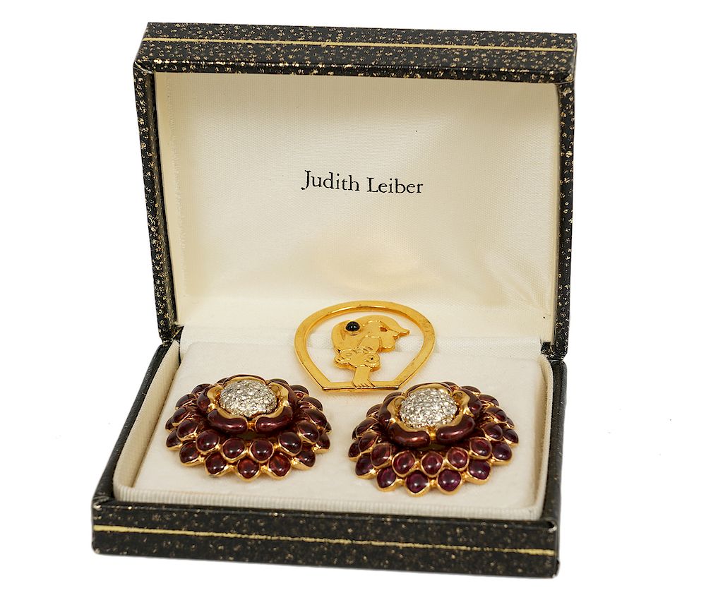 Appraisal: Judith Leiber Enameled Earrings Gold Book Mark Judith Leiber aubergine