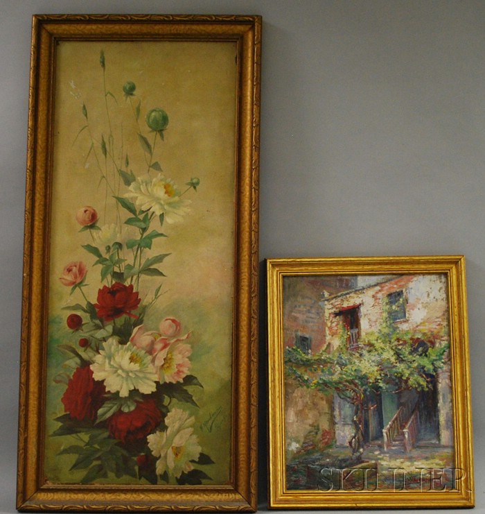 Appraisal: Two Framed Oil on Masonite Paintings a floral still life