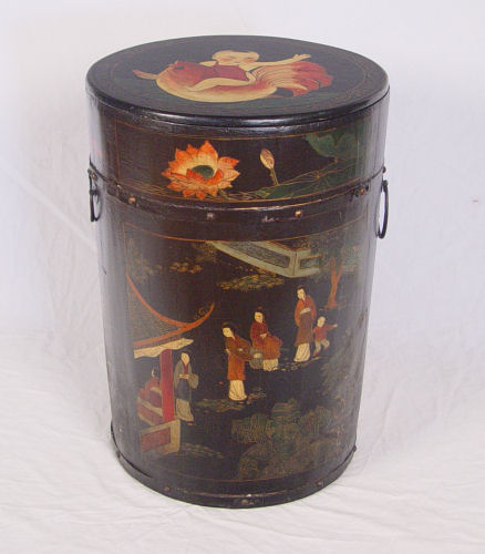 Appraisal: CHINESE HAND PAINTED RICE CABINET CANNISTER Cylindrical form with lift