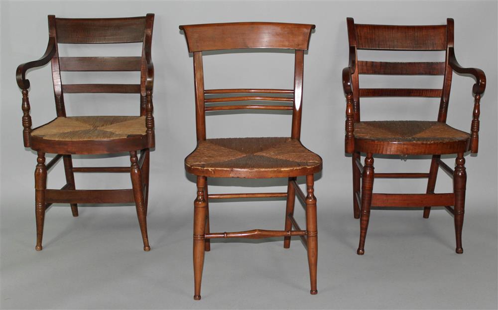 Appraisal: THREE LATE SHERATON CHAIRS WITH RUSH SEATS TWO ARM CHAIRS