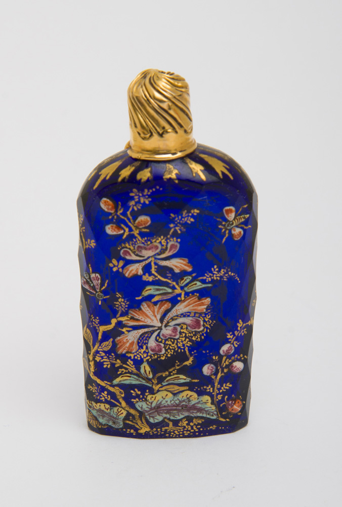 Appraisal: CONTINENTAL ENAMEL-PAINTED CUT COBALT GLASS SCENT BOTTLE WITH K GOLD