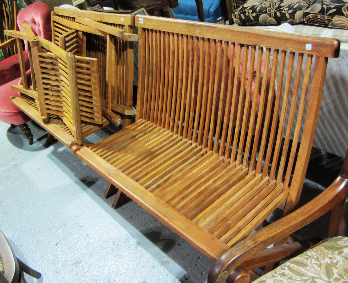 Appraisal: A pair of th century foding hardwood benches and two