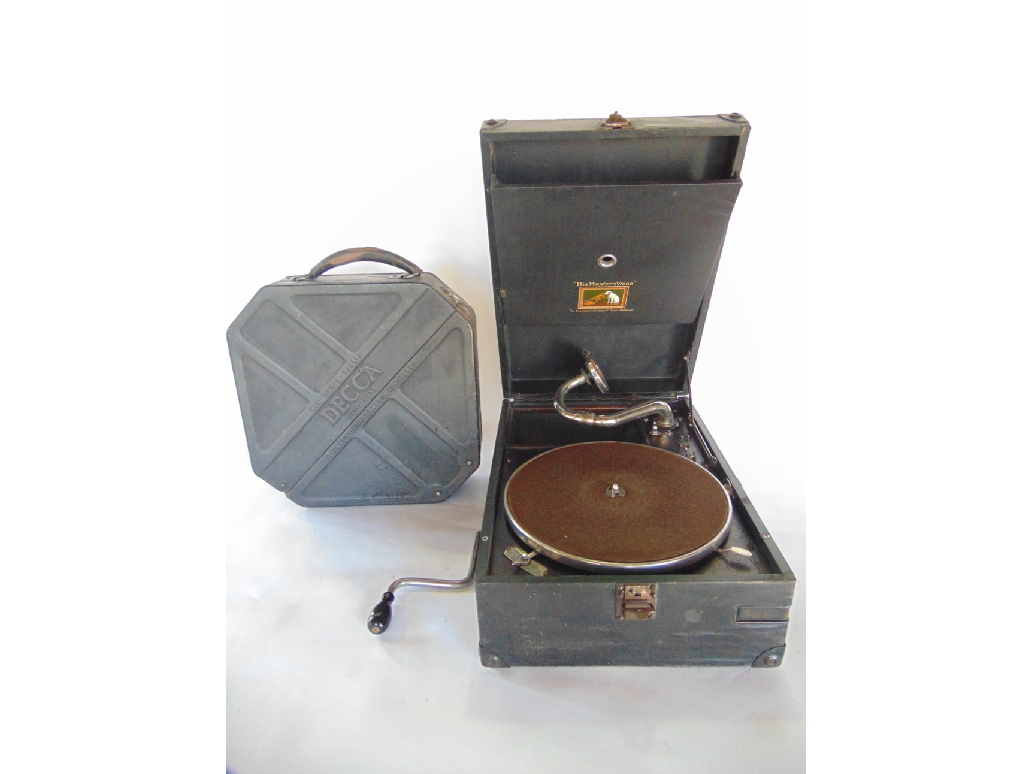 Appraisal: A cased His Masters Voice desk top gramophone together with