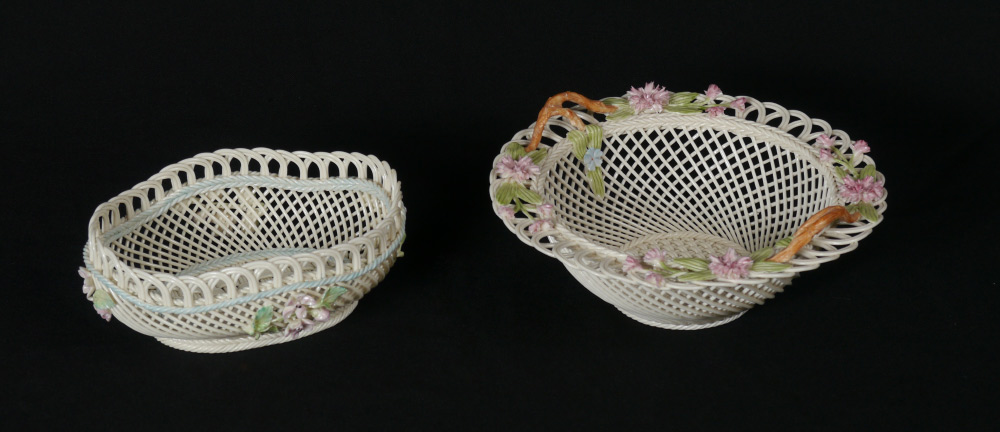 Appraisal: BELLEEK PORCELAIN BASKETS Wedding Bouquet basket '' x '' and