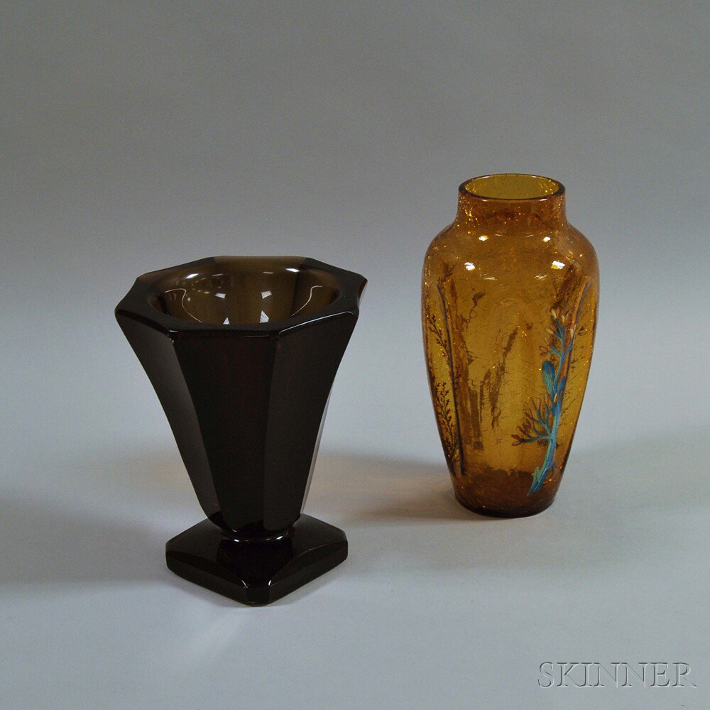 Appraisal: Daum Smoked Glass Art Deco Vase and a Crackled and