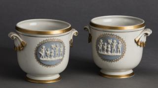 Appraisal: Porcelain cache pots with jasperware plaques h Pair of porcelain