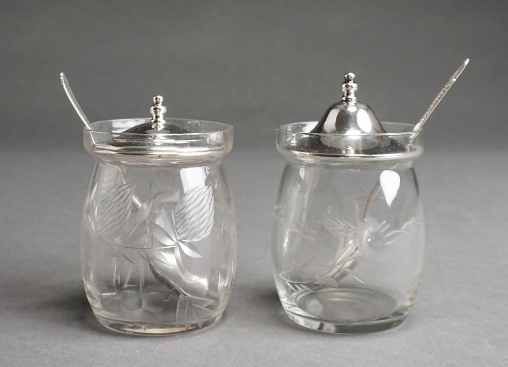 Appraisal: Pair Sterling Silver Lid Glass Jam Jars with Spoons ozt