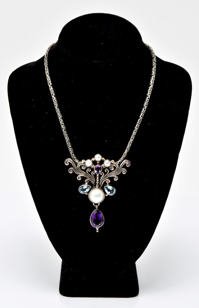 Appraisal: Silver Necklace w Amethyst Blue Topaz Mabe Pearl Sterling silver