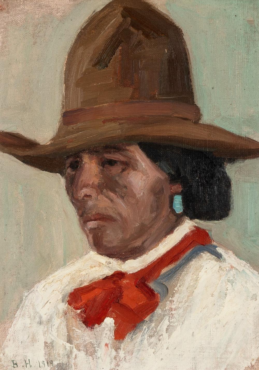 Appraisal: Burt Harwood - Untitled Figure with Hat oil on canvas