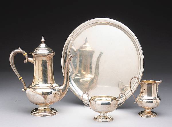 Appraisal: A sterling three piece coffee set with associated complementary tray