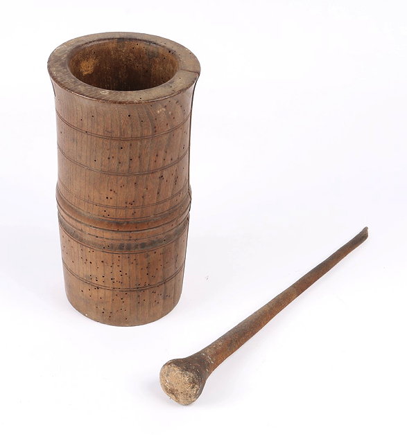 Appraisal: AN TH CENTURY WOODEN CYLINDRICAL SALT MORTAR with ring turned