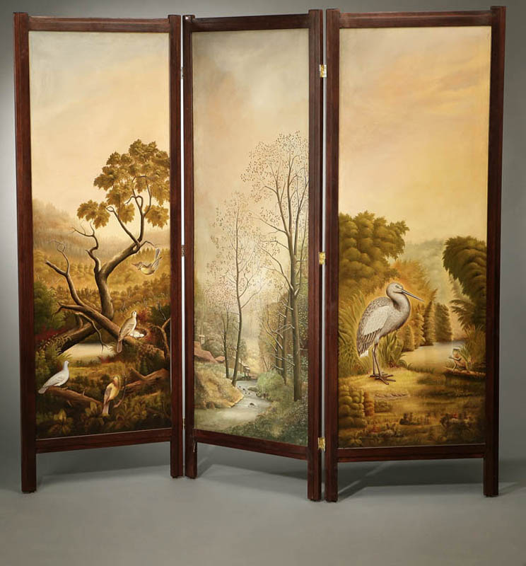 Appraisal: C E Wood three panel screen birds landscape C E