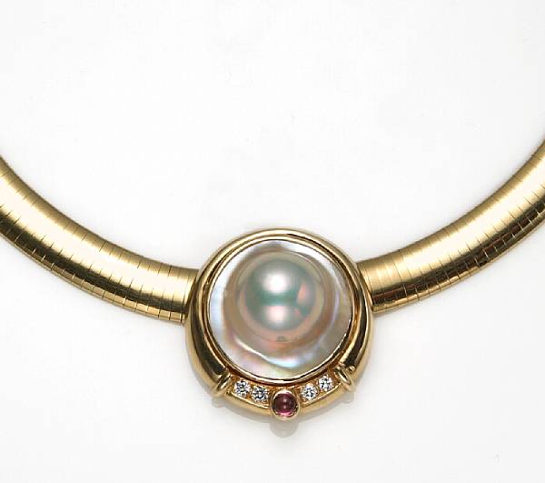 Appraisal: A cultured blister pearl diamond and tourmaline slide pendant together