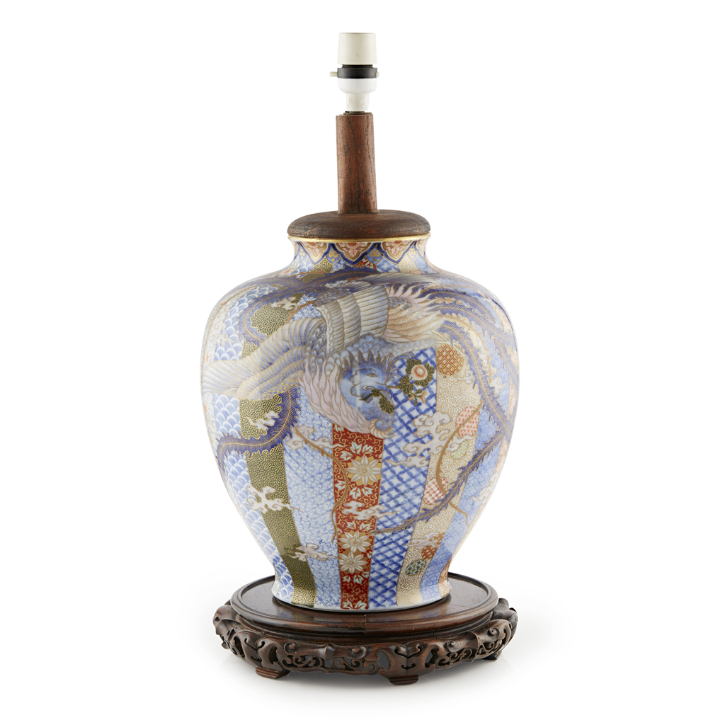 Appraisal: IMARI 'PHOENIX' VASE CONVERTED INTO A LAMP MEIJI PERIOD finely