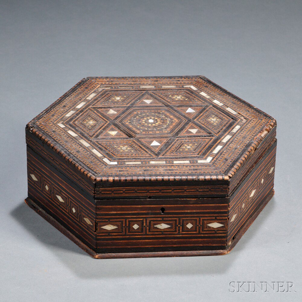 Appraisal: Hexagonal Wood Box with Hinged Cover Middle East decorated with