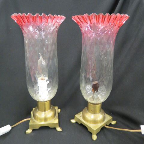 Appraisal: Pair of Hurricane Style Lamps diamond quilted cranberry to clear