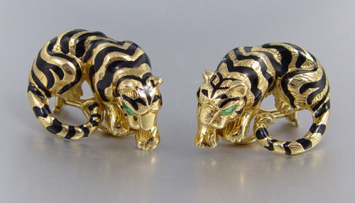 Appraisal: K ENAMELED GOLD FIGURAL TIGER EARRINGS K yellow gold earrings