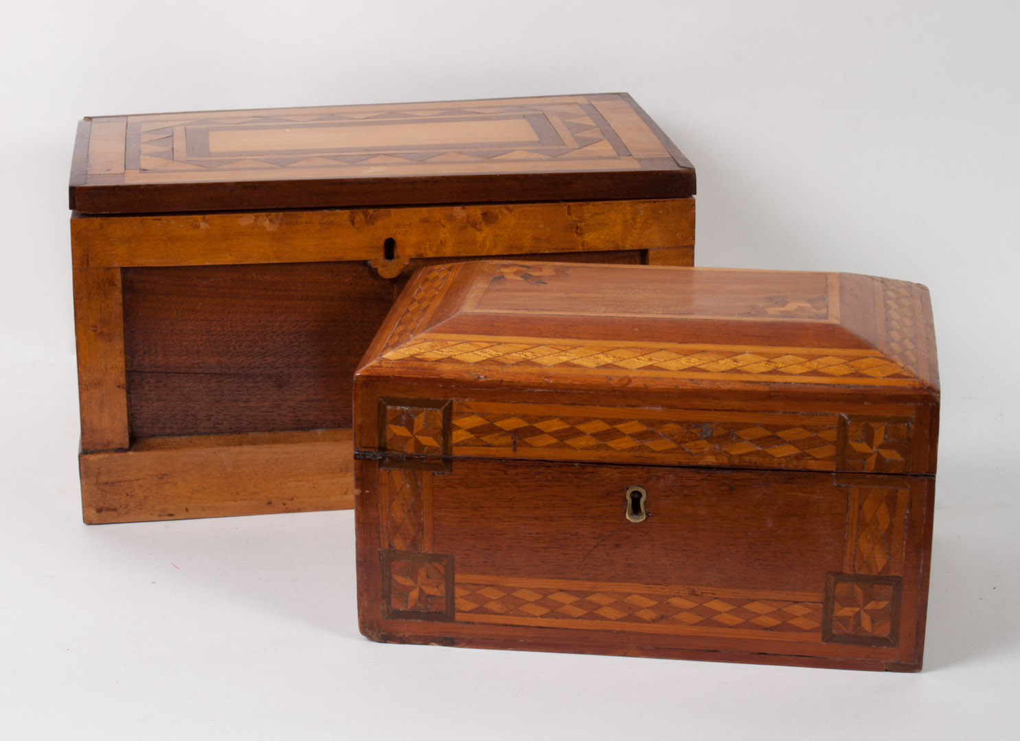 Appraisal: Two inlaid wood jewelry boxes late th century each with