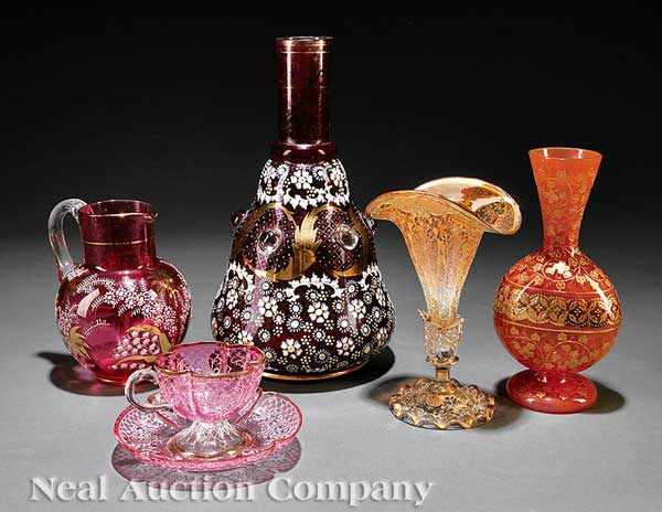 Appraisal: A Group of Five Continental Enameled Glass Pieces late th