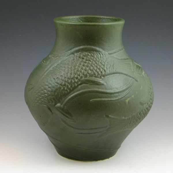 Appraisal: Freiwald Pottery vase in matte green with koi Marked Freiwald