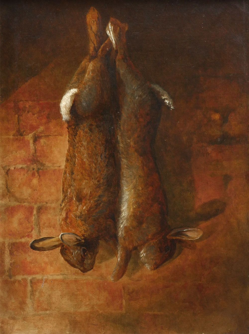 Appraisal: GOOD TH CENTURY PAINTING OF TWO RABBITS HANGING Oil Canvas