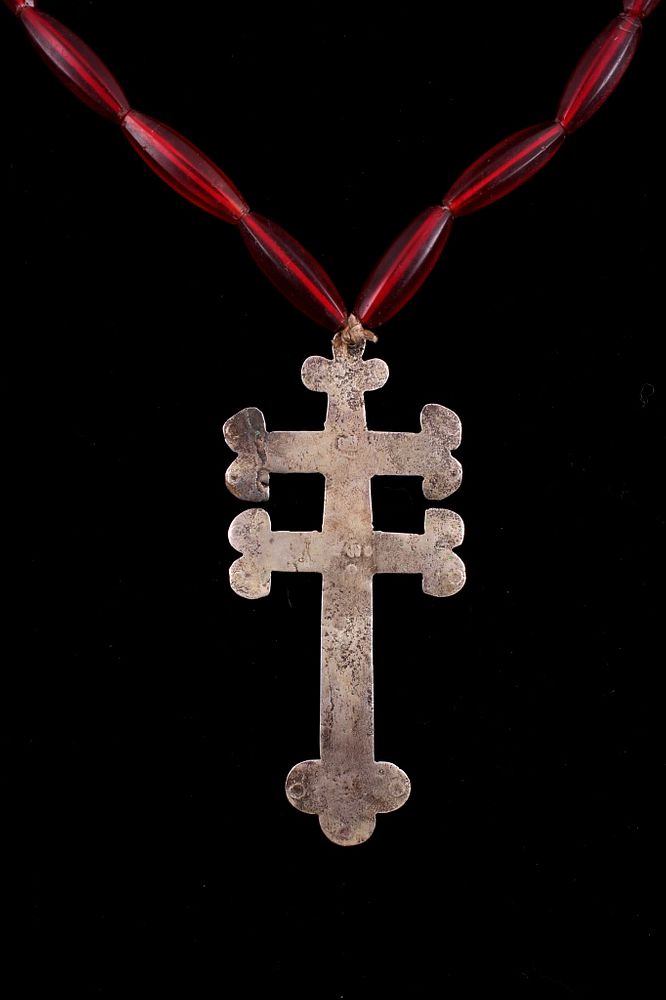 Appraisal: Silver Trade Cross of Lorraine Red Beaded Necklace For your