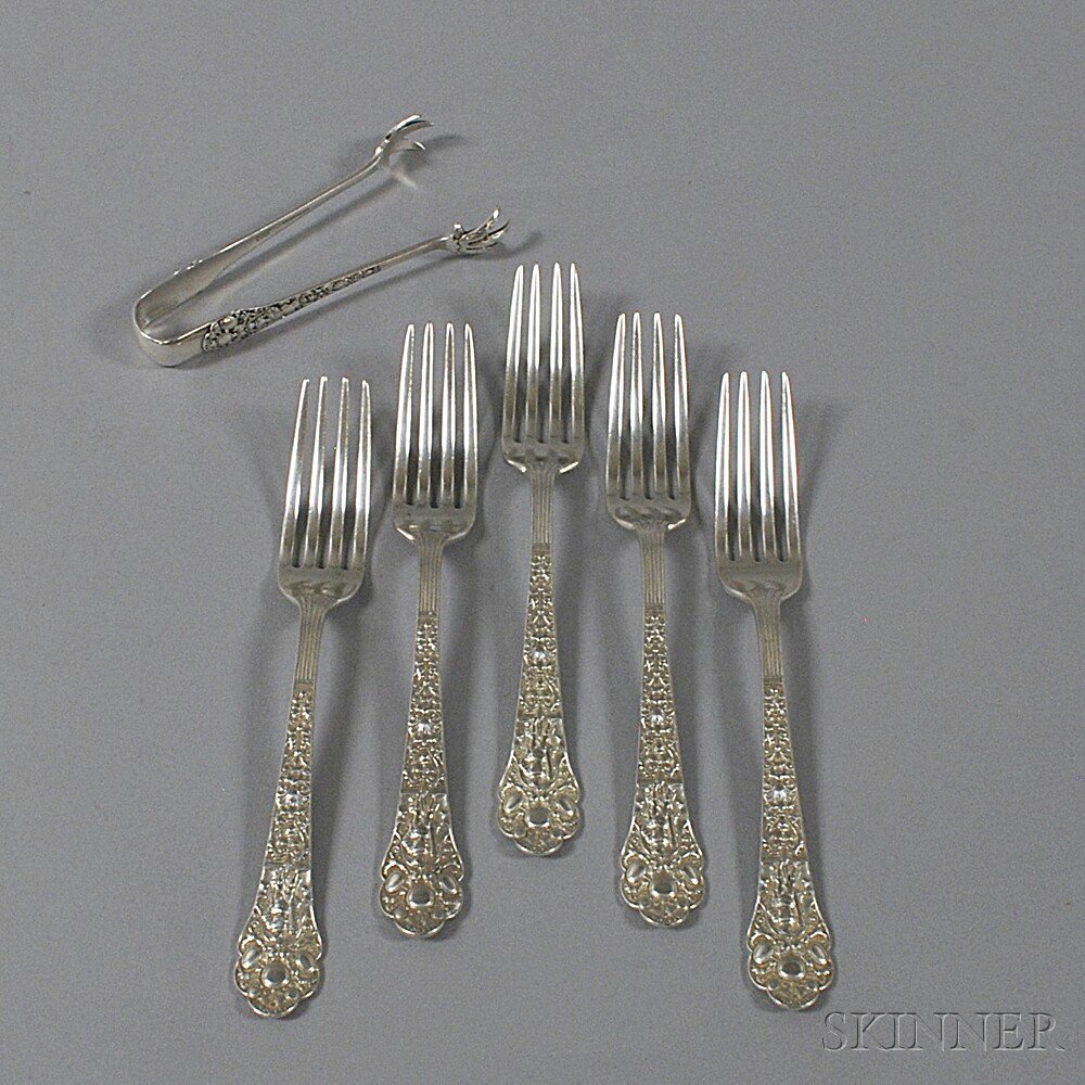 Appraisal: Five Gorham Medici-Old Dinner Forks and a Pair of Sugar