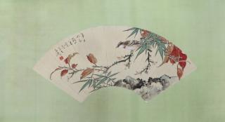 Appraisal: Fan Painting Bird Calligraphy Fan Painting Bird Calligraphy Dimensions X