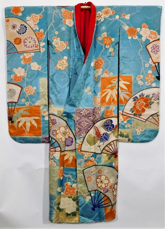 Appraisal: Meiji Period Pale Blue and Flowers Furisode Kimono Japan Circa