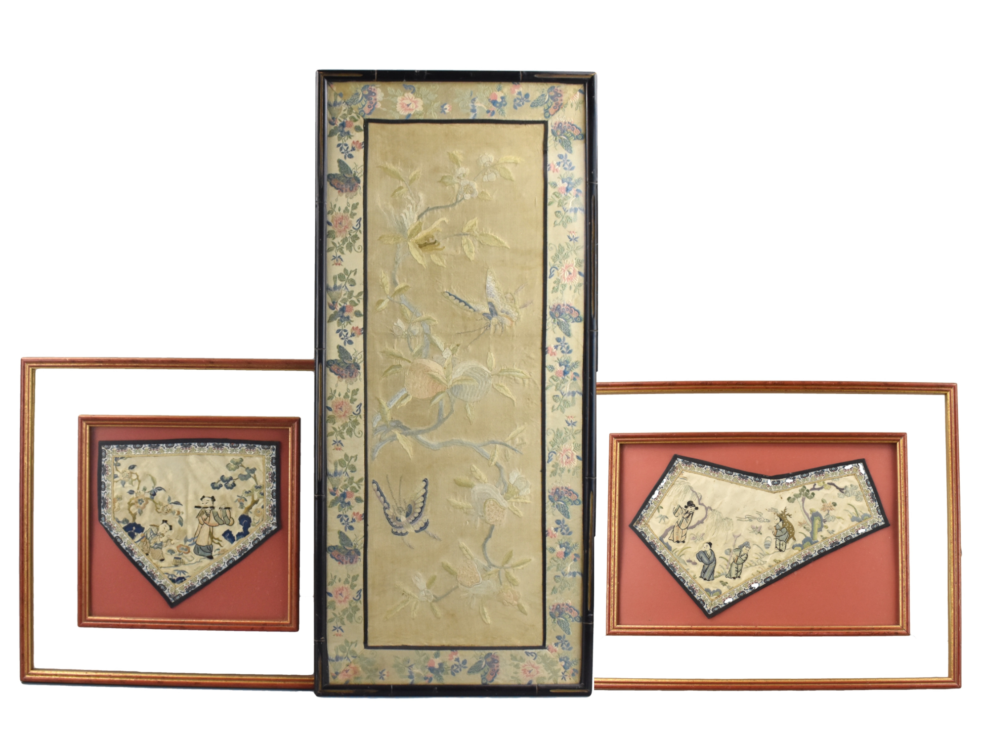 Appraisal: Three Chinese framed embroidery pieces A tall narrow embroidery of